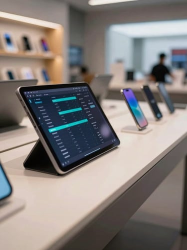 Close-up wide shot of a mobile phone shop counter from the left edge, a tablet propped on the counter displaying a dark-mode dashboard grid with cyan accent data rows and inventory figures, boxed handsets visible on shelves in the background, cool indoor ambient lighting, no warm tones, sharp foreground detail fading into a slightly soft retail environment