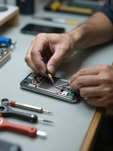 Close-up of a repair technician's hands holding a disassembled smartphone over a workbench, precision tools arranged in foreground, cool indoor ambient lighting, shop counter edge visible at the right