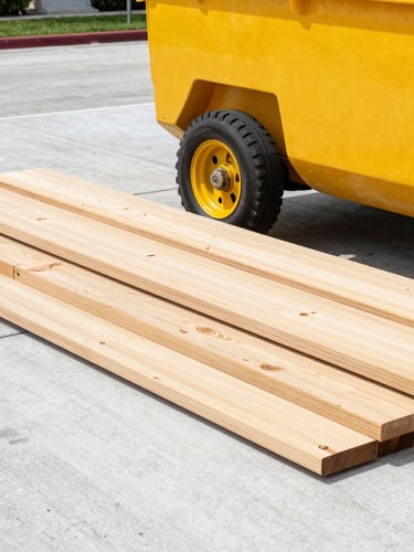 Close-up of thick wooden protective planks placed neatly on a clean concrete driveway, a heavy-duty yellow dumpster wheel resting safely on top, bright Miami daylight, sharp focus.