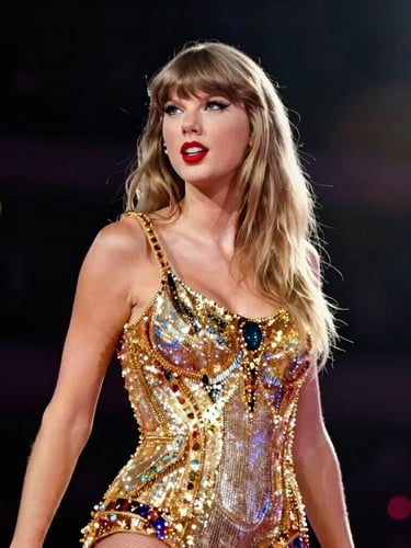 Cinematic close-up of Taylor Swift in a glittering gold dress performing on stage, dramatic warm spotlight, dark background with subtle light leaks, 35mm film grain.