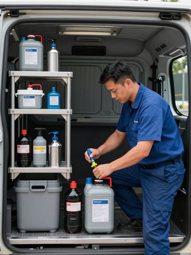 A professional crew member in a clean uniform organizing specialized cleaning equipment inside a spacious, organized commercial utility vehicle, bright natural daylight.
