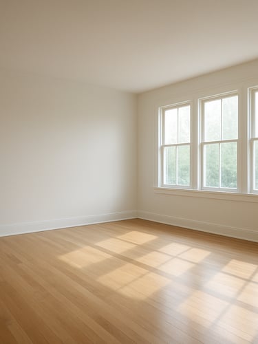Wide shot of a clean, empty, light-filled room post-recovery, natural daylight streaming through large windows, pristine hardwood floors