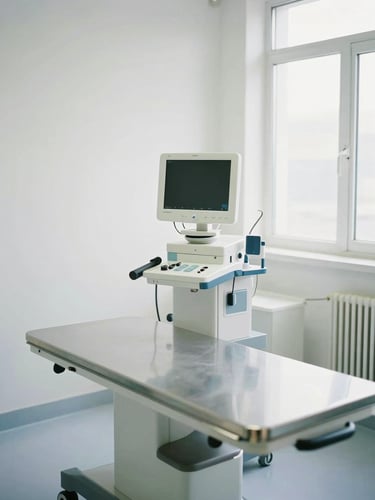 A clean, bright clinical veterinary exam room in Shahganj, featuring sterile steel tables, modern diagnostic monitors, and soft daylight, professional 35mm photography