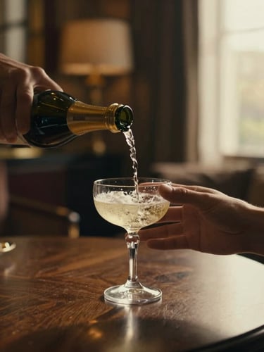 Cinematic portrait composition of a hand pouring champagne into a crystal coupe, warm low-key lighting, rich dark shadows, luxury hotel room background