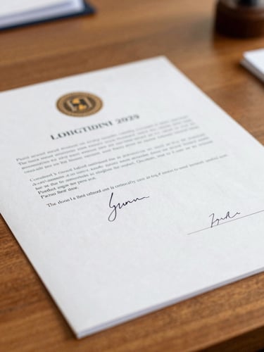 Close-up of a signed legislative document on a wooden desk, warm natural light, soft depth of field, 35mm