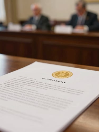 A close-up of a printed legislative document with a gold seal on a dark wood desk, warm interior lighting, soft depth of field.