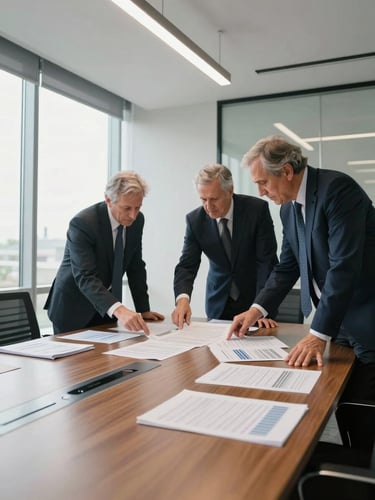 Wide executive boardroom viewed from the doorway, two senior advisors in dark suits reviewing printed financial documents spread across a long conference table, natural north-facing light from floor-to-ceiling windows on the left, clean modern office interior, no faces visible, focus on the documents and hands mid-review