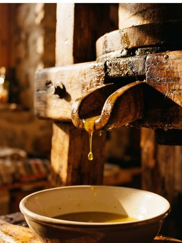 Close-up macro shot of rich golden oil slowly dripping from a traditional wooden press, warm direct golden-hour sunlight, high-contrast shadows, 35mm film style