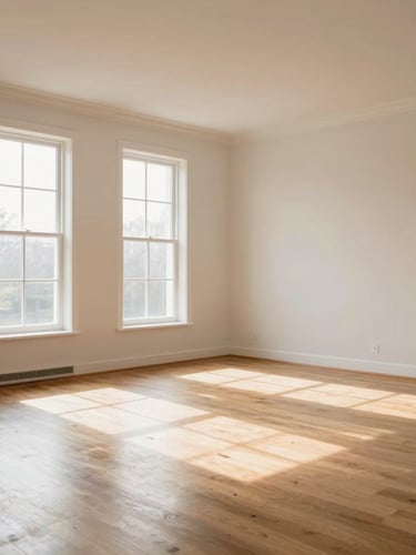A spacious, sunlit living room completely emptied and swept clean, soft daylight streaming through tall windows onto a pristine wooden floor, clean lines, serene atmosphere.