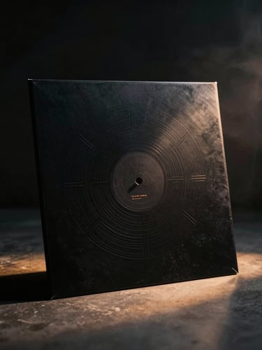 Minimalist black vinyl record sleeve with a debossed circular geometric pattern, casting sharp shadows on a dark concrete surface, single amber light source, smoky atmosphere.