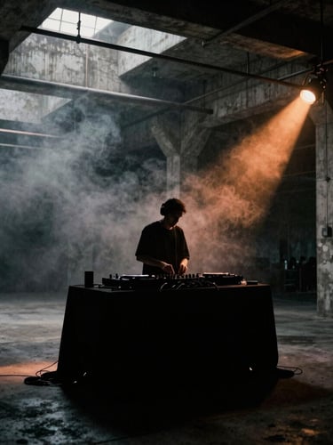 Low-key chiaroscuro silhouette of a DJ performing in a massive concrete industrial warehouse, single amber key light cutting through dense smoke, 35mm film grain.