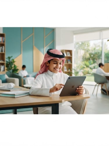 Wide panoramic of a bright, modern study space with a young Saudi student (8-10 years old) smiling while interacting with a tablet, soft teal and warm gold accents, natural daylight, low angle, 35mm.