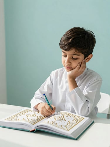Young Saudi student (6-8 years old) with a pen, looking thoughtfully at an open book with stylized Islamic patterns, bright natural daylight, soft teal and gold tones, medium-close shot, 35mm.