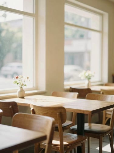 Warm interior of CAFETARIA CAHAYA, bright natural morning daylight streaming through large windows, empty wooden tables and chairs, soft cream and coffee brown tones, shallow depth of field, 35mm
