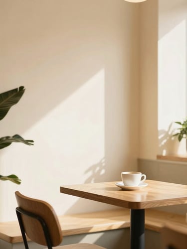Portrait orientation of a cozy, sunlit corner in a cafe, cream walls, dark green plants, soft yellow light, an empty wooden table with a single coffee cup, shallow depth of field, 35mm