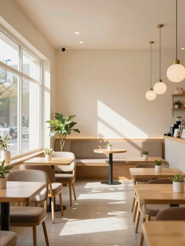Warm interior of a modern café with natural light, comfortable seating, and subtle green plant accents, soft morning daylight, cream and coffee brown tones, wide welcoming shot.
