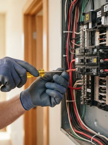 A close-up of a professional craftsman's hands in clean work gloves precisely wiring a modern electrical panel, bright natural daylight, clean residential interior background, shallow depth of field, high detail.