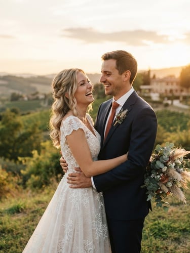 Cinematic medium-wide shot of a bride and groom sharing a quiet, candid laugh during golden hour, warm natural light, 35mm film grain, editorial framing.
