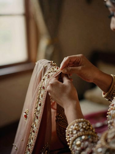 Intimate close-up of hands adjusting intricate cultural wedding attire, soft ambient room lighting, rich editorial tones, shallow depth of field.