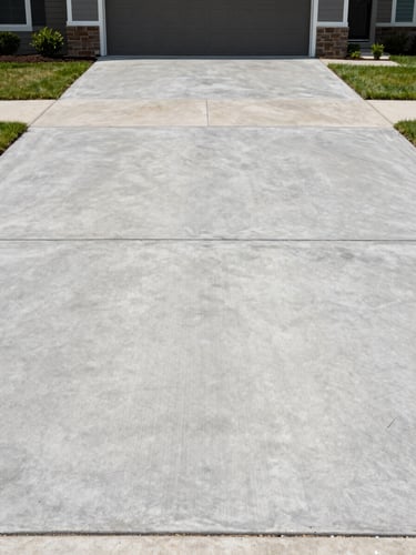 Wide shot of a freshly finished concrete driveway in Louisville, leading to a residential garage, natural midday light revealing a smooth flat surface, sharp clean edges along the sides, no people