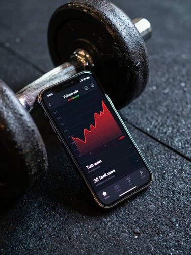 High-contrast close-up of a premium smartphone displaying a dark-mode fitness tracking app with red charts, resting next to a heavy steel dumbbell on a dark textured gym floor, dramatic side lighting with deep shadows.