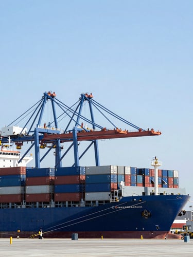 A massive container ship docked at the Port of Valencia, towering port cranes unloading blue and red containers under a bright clear sky, crisp daylight, wide-angle commercial photography.