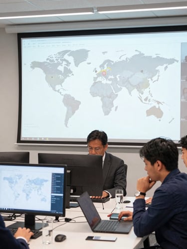 Wide-angle environmental shot of a modern logistics control room with operators monitoring global shipping routes on large screens, bright daylight streaming in, clean blue and red accents.