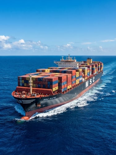 Wide-angle crisp daylight shot of a massive container ship at sea, deep blue water, clear sky, professional logistics photography style