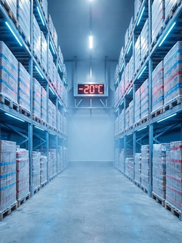 Wide-angle interior of a state-of-the-art cold storage facility, pristine steel shelves, cool blue led lighting, faint frosty mist, digital temperature display showing -20°C in the background, sharp focus.