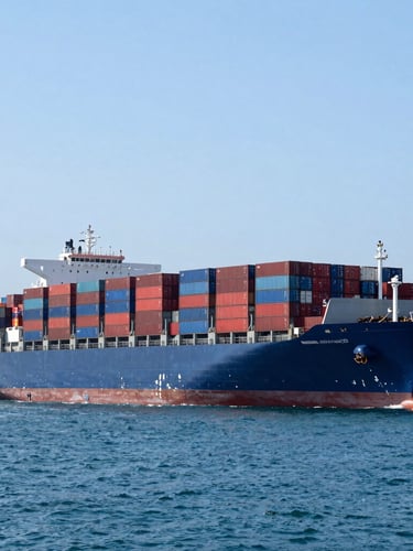 Wide-angle portrait shot of a massive container ship loaded with red and blue containers at sea, bright daylight, crisp focus