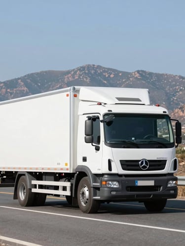 Modern white cargo truck driving on a clean Spanish highway under bright daylight, mountains in the background, sharp commercial photography
