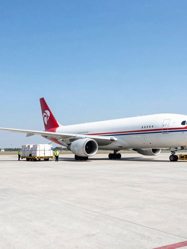Wide-angle portrait shot of a cargo plane on the tarmac under clear skies, ground crew loading freight, bright daylight, sharp focus