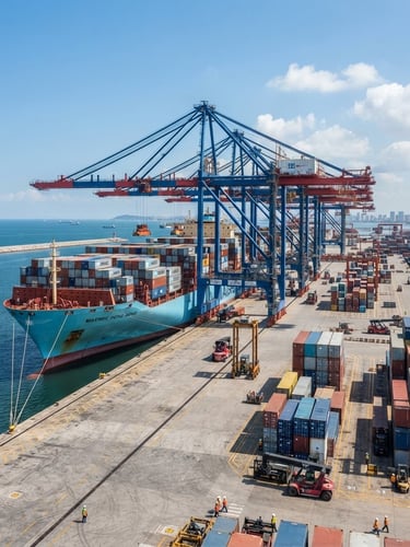Wide-angle crisp daylight shot of a massive container ship docked at a modern port, towering blue and red cranes, sharp focus, professional commercial photography.