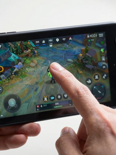 Extreme close-up of fingers touching an Android game screen mid-play, interface elements crisp and readable, no face visible, bright neutral daylight from the left, shallow depth on the hand