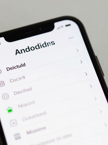 Extreme close-up of an Android app interface on a phone screen, clean list UI with sharp text and minimal controls, bright neutral studio light, tight crop on the display surface, high contrast between UI elements and white background