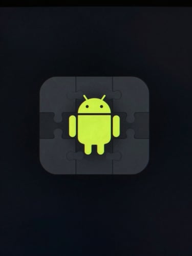 Extreme close-up of an Android game interface, minimal geometric puzzle UI on a dark screen, single bright accent element in focus, neutral studio lighting, high contrast between UI and negative space