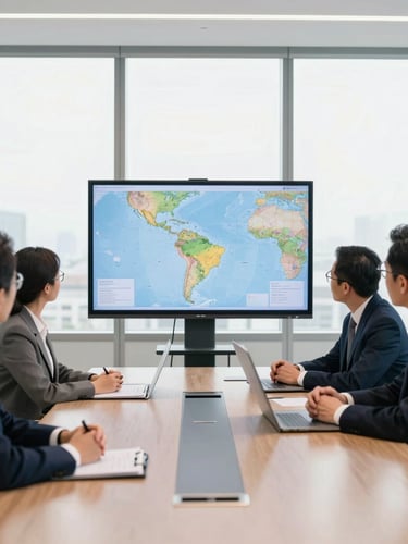 Professional corporate meeting in a bright boardroom with floor-to-ceiling windows, executives analyzing a map of the Americas on a screen, clean navy and gold accents, 35mm