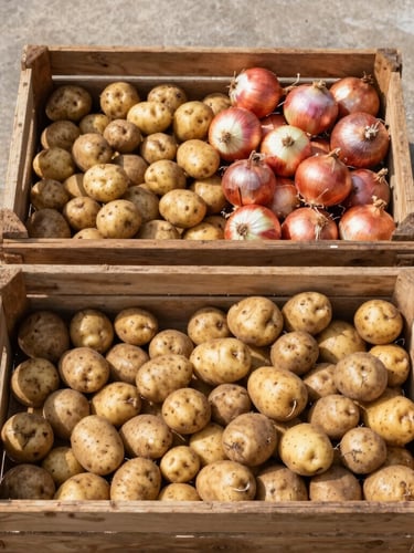 Top-down view of clean unwashed potatoes and onions sorted into heavy wooden crates on a concrete loading dock, bright morning daylight, natural earthy tones, sharp focus.