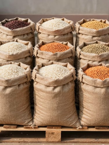 Straight-on medium shot of cleanly sorted bulk burlap sacks of basmati rice and lentils on a clean wooden pallet in bright morning daylight, natural earthy tones.