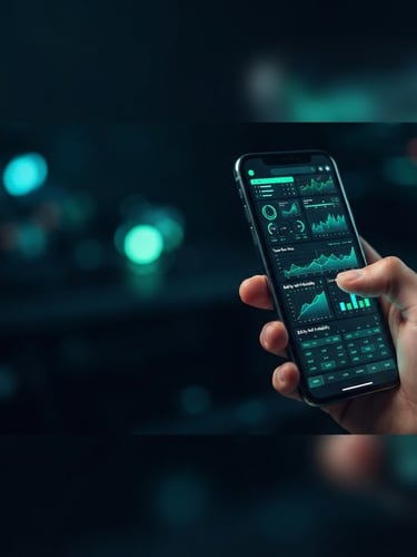 Close-up of mobile device displaying real-time cricket stats and live odds, neon green and electric cyan UI elements, high-contrast tech aesthetic, shallow depth of field, wide panoramic frame, device on right third.