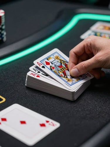 Close-up of a professional live dealer shuffling a deck of cards, crisp focus, neon green backlighting, clean studio environment, sleek dark-mode digital photography, high-contrast tech aesthetic.