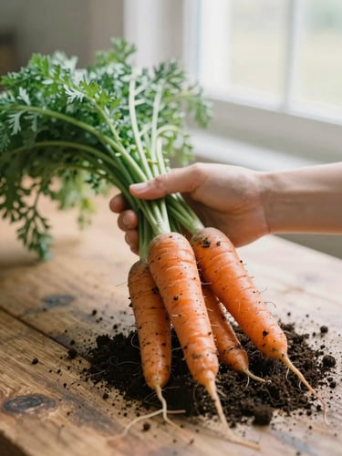 Warm editorial photography of hands holding freshly harvested organic carrots with rich soil on a rustic wooden table, soft natural window light, shallow depth of field, 35mm film aesthetic.