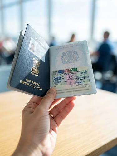 Close-up of a hand holding an Indian passport with a clean, approved visa stamp, bright natural daylight, crisp blue and white tones, shallow depth of field.