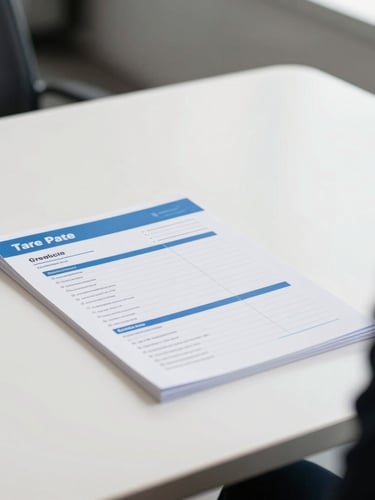 A professional consultation setting with a modern desk, a travel itinerary document, and a clean white background, shallow depth of field, bright natural daylight, crisp blue and white tones