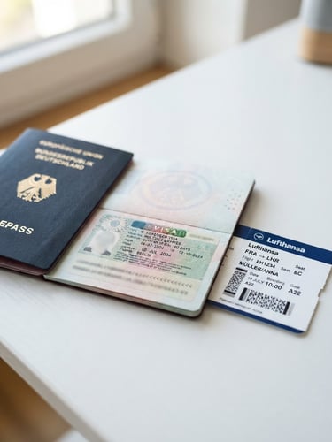 A close-up of a passport with an approved visa stamp resting on a clean white desk next to a boarding pass, bright natural daylight, crisp blue and white tones, shallow depth of field, professional editorial photography