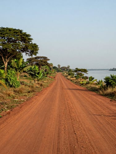 Vue aérienne de Bangui au bord du fleuve Oubangui, lumière naturelle du matin, routes en terre rouge de latérite contrastant avec la végétation verte.