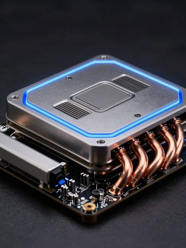 Sleek close-up of motherboard architecture and copper heatpipes, dark studio background, sharp electric blue rim lighting, high-contrast metallic textures, 85mm macro lens