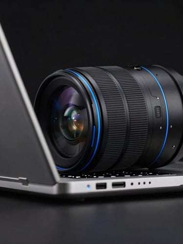 Sleek high-performance laptop profile, dark studio background, sharp electric blue rim lighting, macro focus on cooling vents, 85mm lens