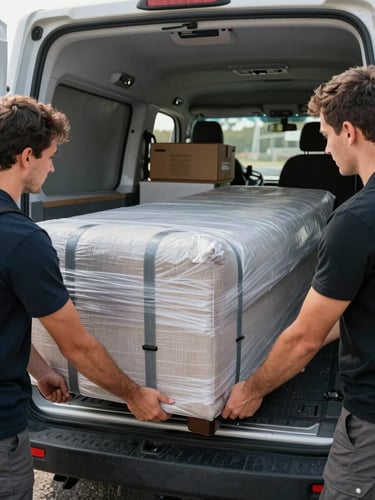 Close-up documentary shot of two crew members sliding a wrapped sofa into the back of a moving van, morning daylight from the left, hands gripping furniture straps, van interior visible in background with organized stacked items