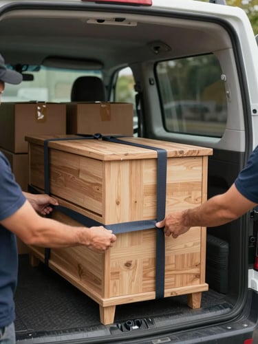 Close-up of a mover's hands securing furniture straps around a wrapped wooden dresser in the back of a van, morning daylight filtering through the open rear doors, organized stacked boxes visible in the background, no faces
